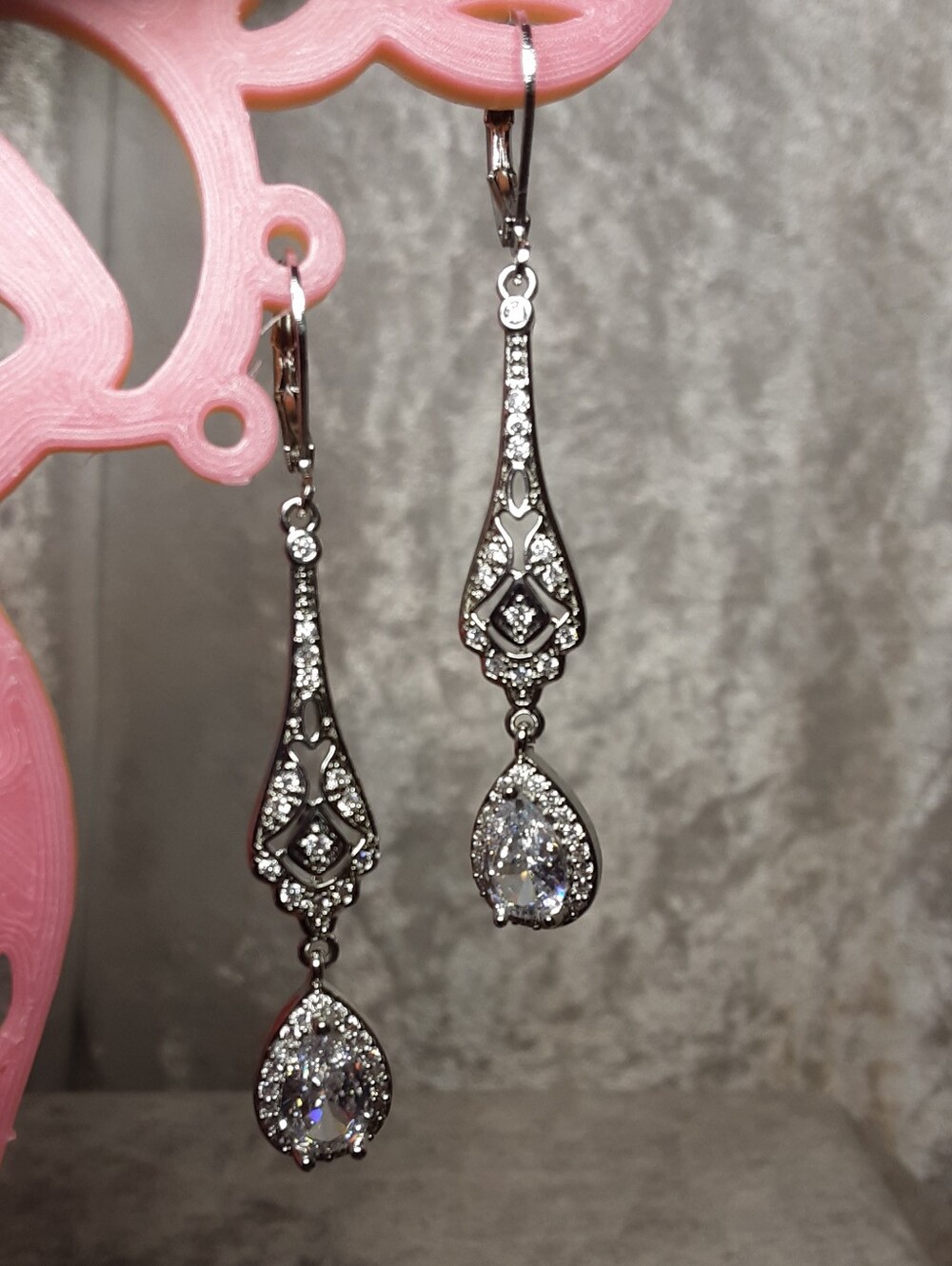 Beautiful  Silver Tone Teardrop Cubic Zirconia Dangle Earrings